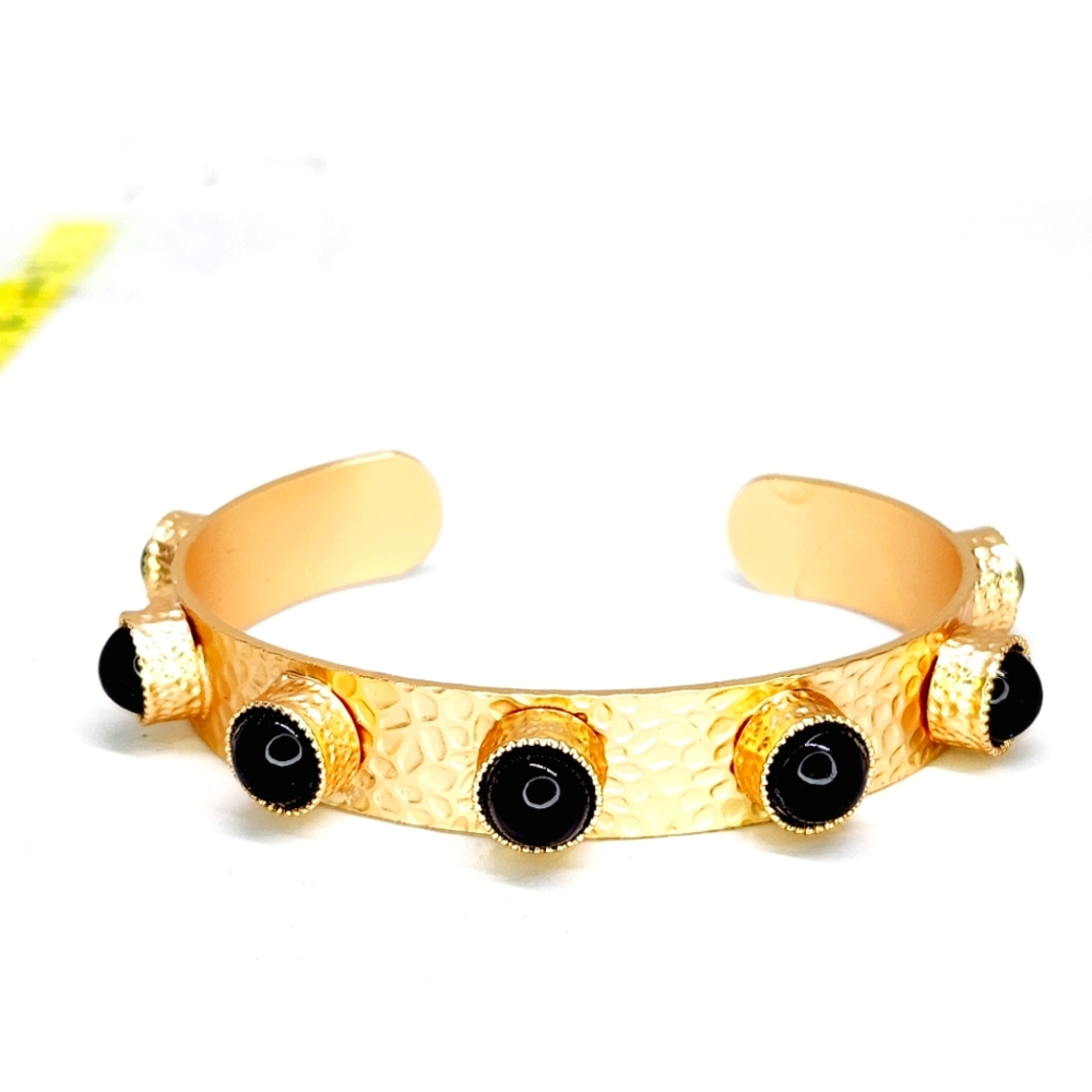 Hammered Gold Tone Multi Black Stone Cabachon Etruscan Revival Cuff Bracelet